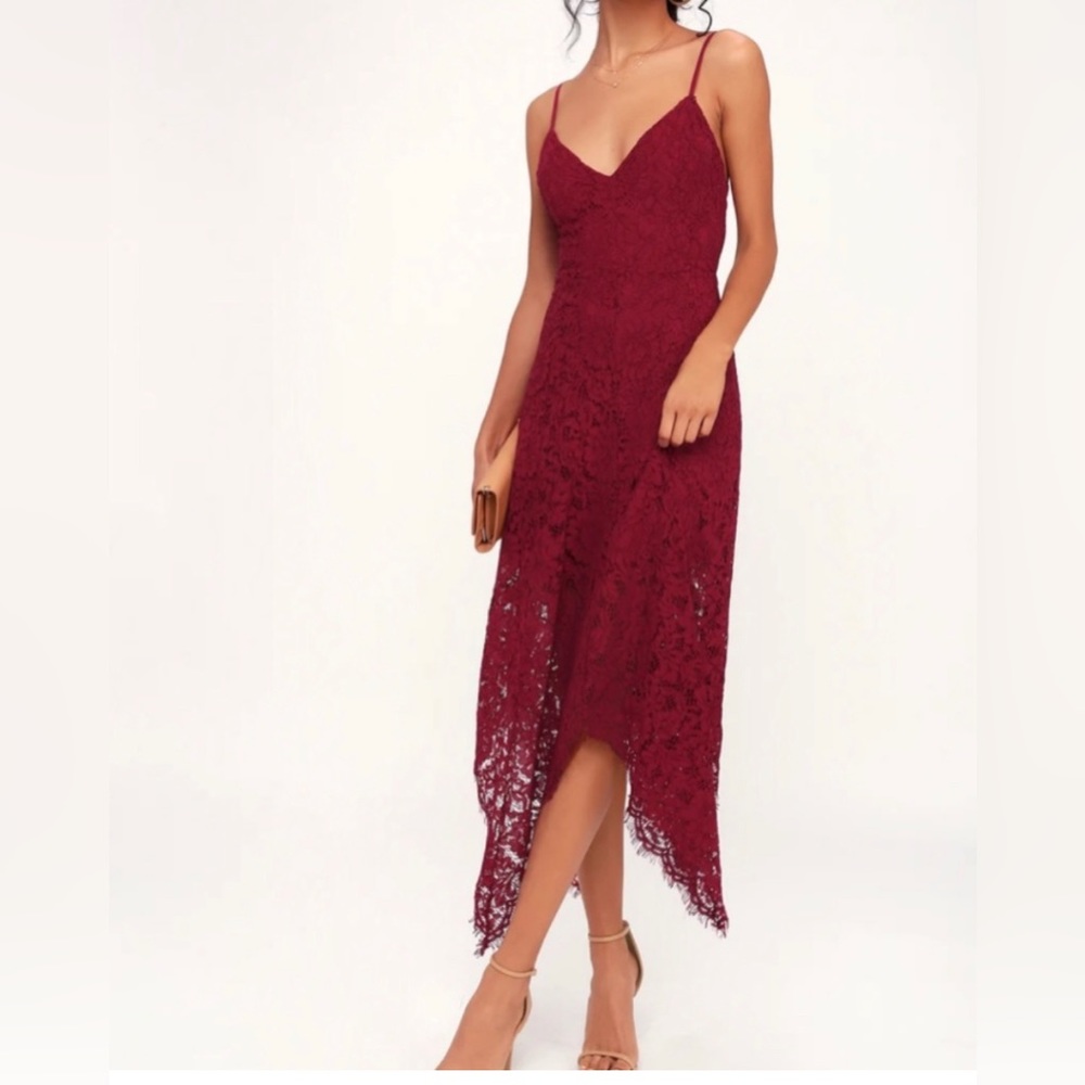 ❤️Lulu’s One Wish Burgundy Lace Midi Dress Date Night Red Medium NWOT